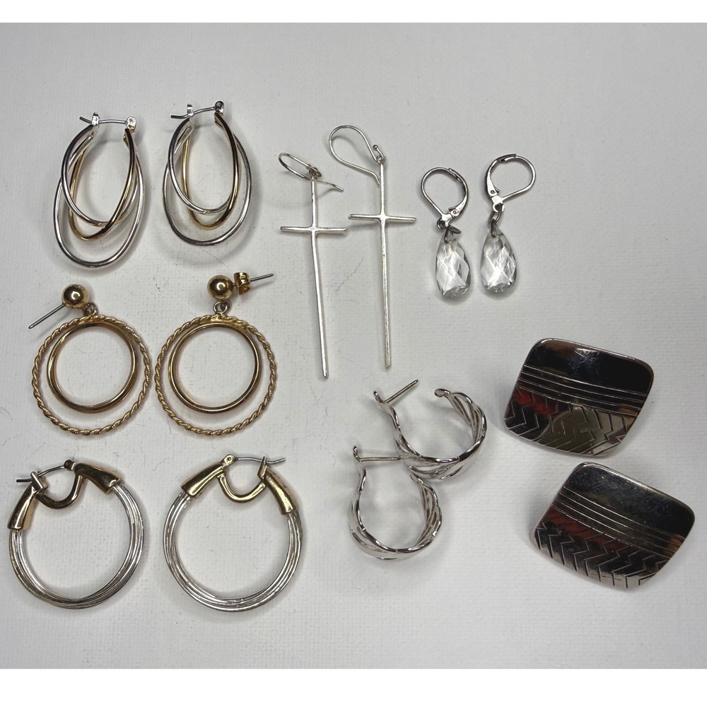 Vintage Lot of 7 Earrings Hoops Cross Dangles Crystal Drop Studs Silver Tone